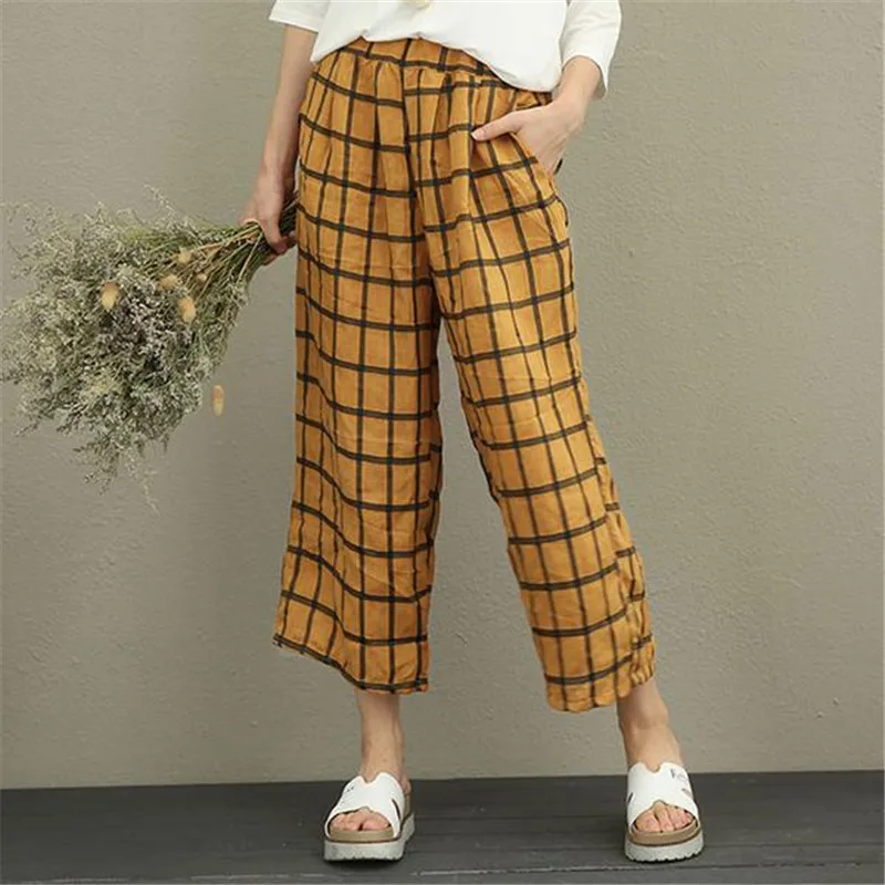 BUYKUD 2018 летние женские желтые клетчатые штаны широкие с эластичной резинкой на