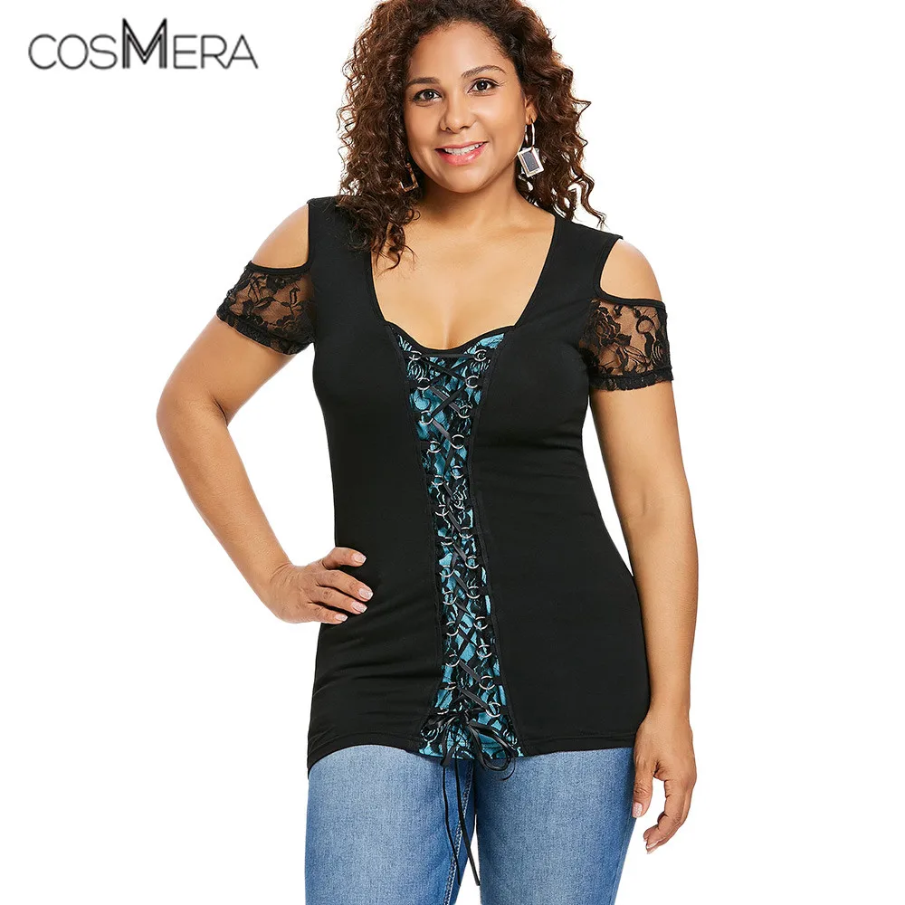 CosMera Sexy Scoop Neck Colder Shoulder Plus Size Cutout Lace Up T-Shirt Casual Short Sleeve Women Summer Tops Tee Shirt 2018 | Женская
