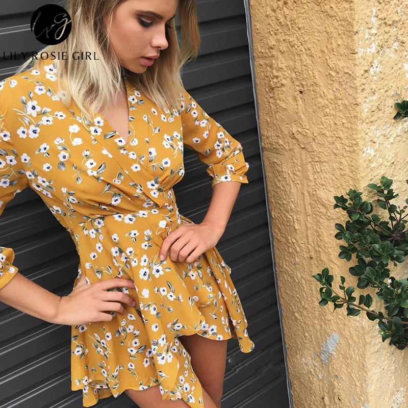 Лили Rosie девушка глубоким v-образным вырезом Sexy Boho Цветочный принт мини-платье