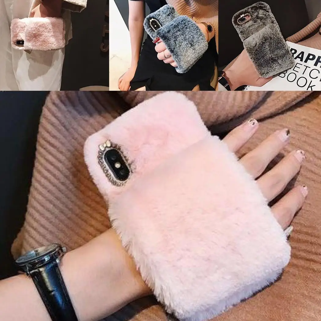 Soft TPU Rhinestone Faux Fur Phone Case Back Cover For Easy install and take off. Anywhere You Need iPhone |
