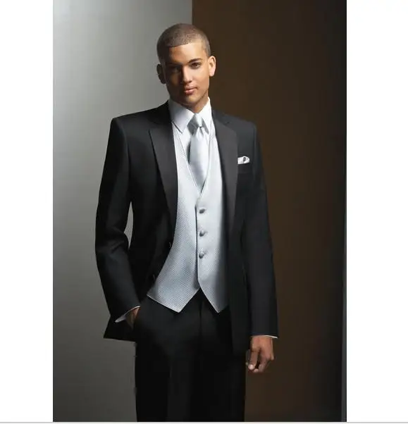 

2015 высококачественные Романтические черные смокинги для жениха с вырезом на воротнике, костюм для свадебной вечеринки, шафера, свадьбы, вечеринки (пиджак + брюки + жилет + галстук)