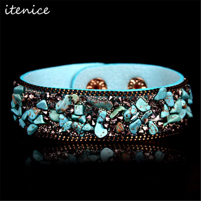 sky blue Newest Fashion women jewelry rhinestone Leather Charm Bracelet Bangles with Buttons Adjust Size - Окраска металла: sky blue