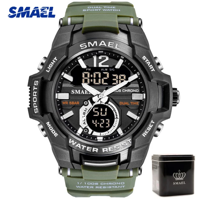 ArmyGreen Box Новинка, SMAEL, мужские часы, светодиодный, аналоговые, кварцевые часы, мужские, армейские, военные, спортивные часы, мужские, водонепроницаемые, цифровые, s Shock часы, мужские часы - Цвет: ArmyGreen Box