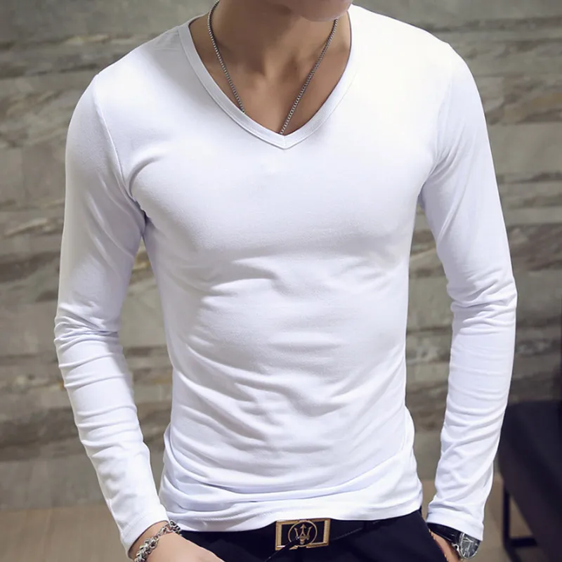 Белый Men Autumn T-shirts Long Sleeves V Neck Pullover Slim Fit Casual Minimalist Male Tops XIN-Shipping - Цвет: Белый