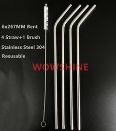 WOWSHINE, новинка, 4 соломы+ 1 щетка, многоразовая, нержавеющая сталь, 304 цветов, для продвижения - Цвет: silver 6x267 bent