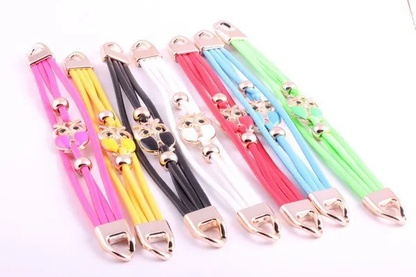 Free shipping deri bilezik hot sale summer simple design girl's jewelry sweet colors fashion alloy owl pendants bracelet pu | Украшения