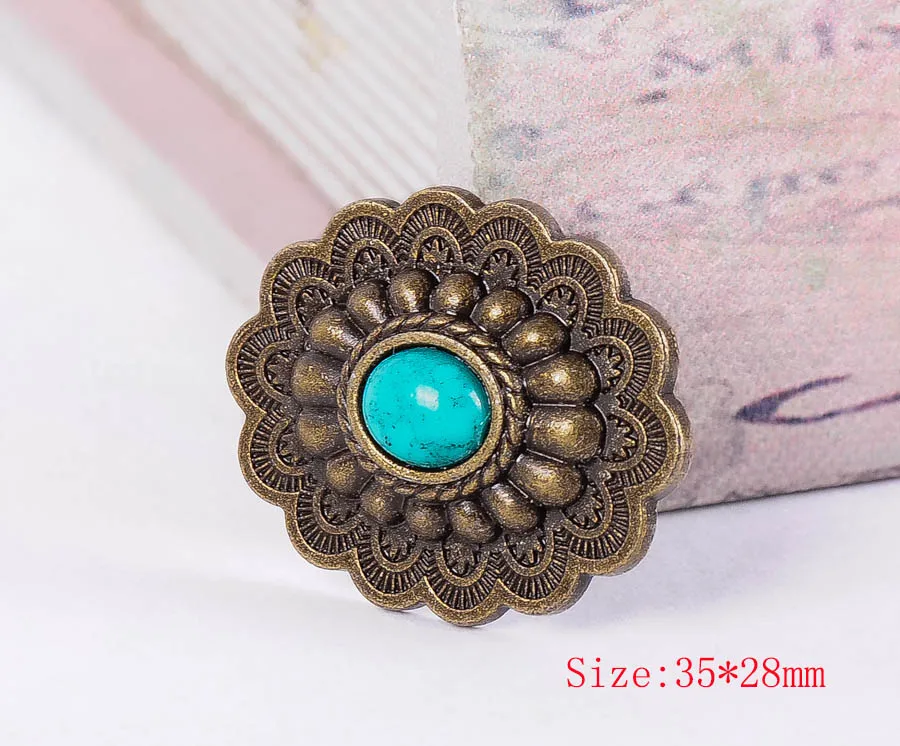 

10PCS 35*28MM Oval Antique Brass Engraved Flower Green Turquoise Craft Conchos