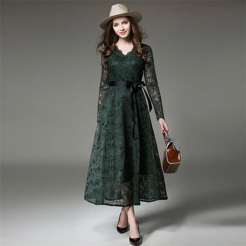 Осеннее элегантное женское сексуальное кружевное платье с v-образным вырезом