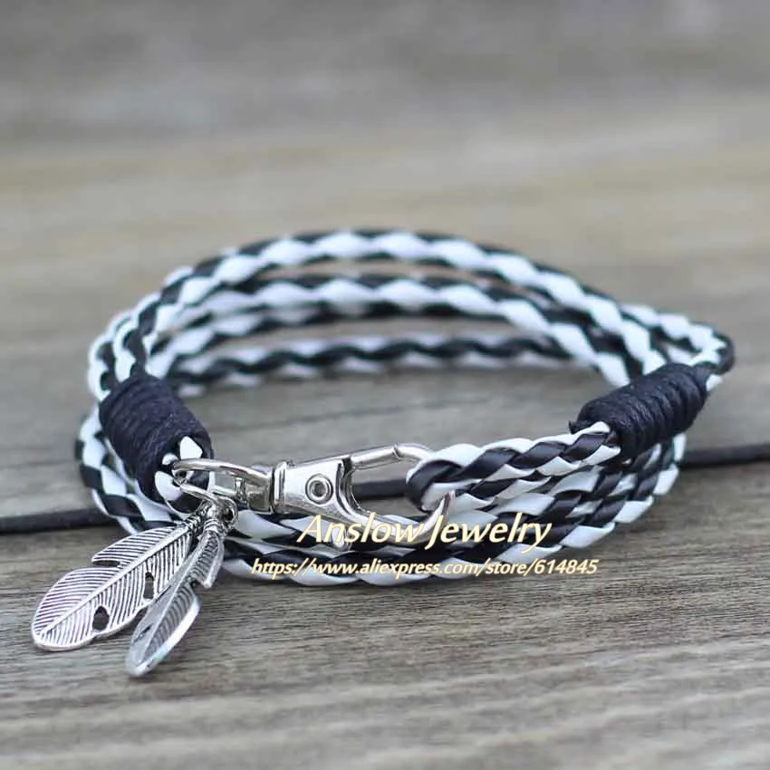 black white Anslow, модные ювелирные изделия, кожаные браслеты дружбы и браслеты, браслет с перьями для женщин, Men12 цветов, LOW0172LB - Окраска металла: black white