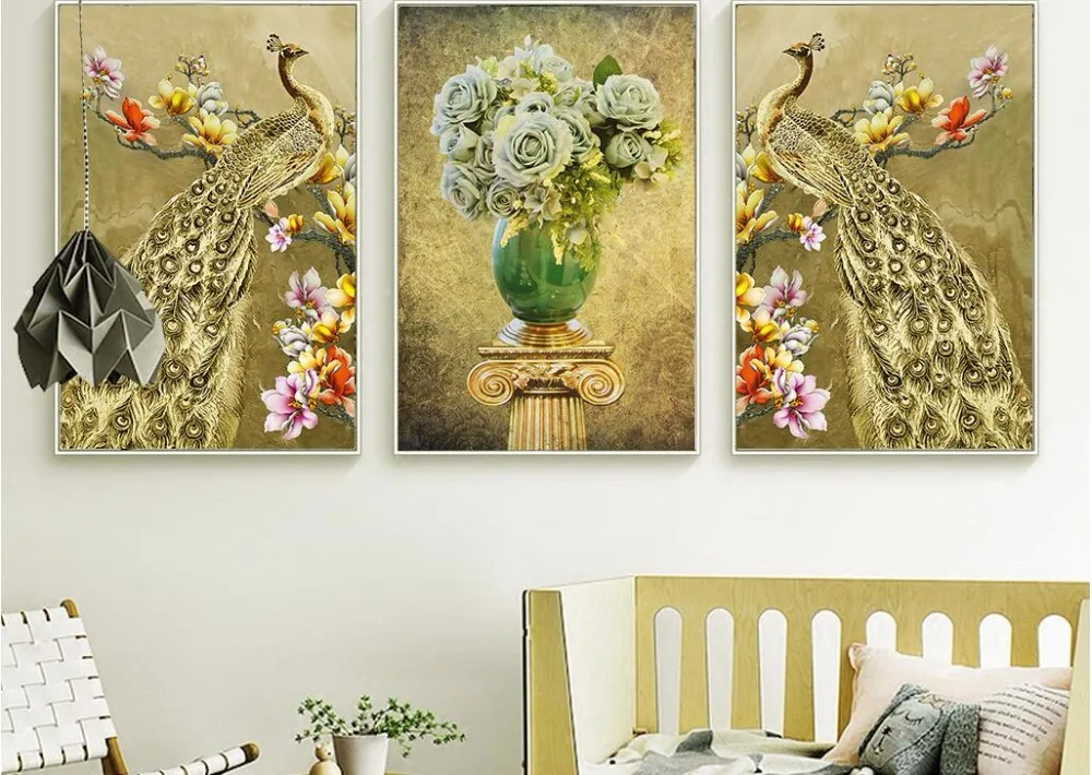 

European style nostalgic peacock orchid vase Roman pillar decorative painting frameless painting bedroom spray painting