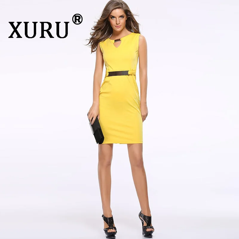 

XURU new summer dress women's dress metal buckle small V-neck bottoming dress Slim temperament large size dress S-3XL