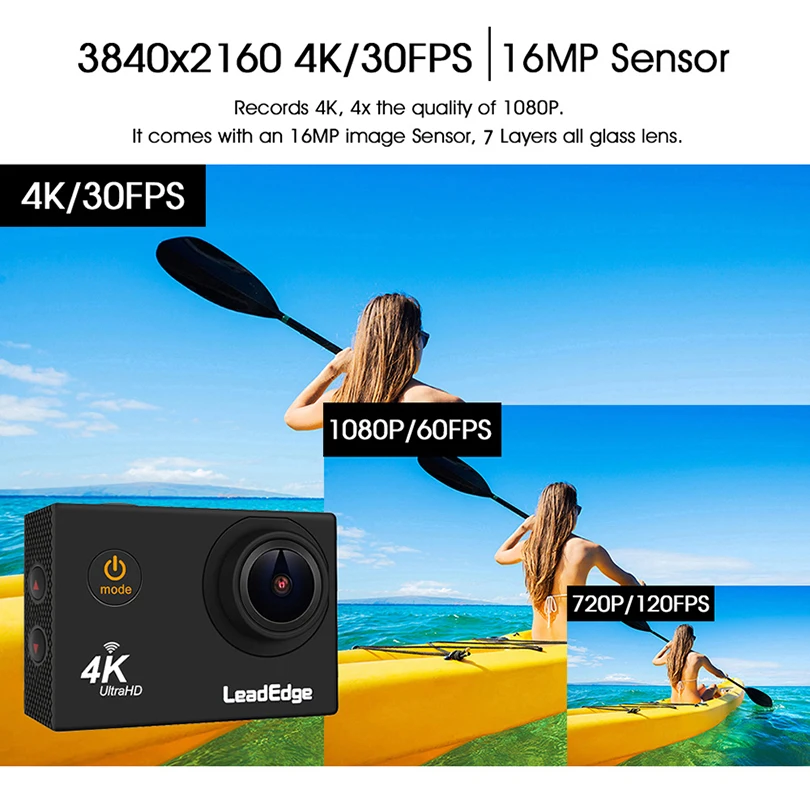 Экшн камера LeadEdge LE5000 4K/30fps 16 МП 2 0 дюймовый ЖК дисплей угол обзора 170 градусов Wi Fi
