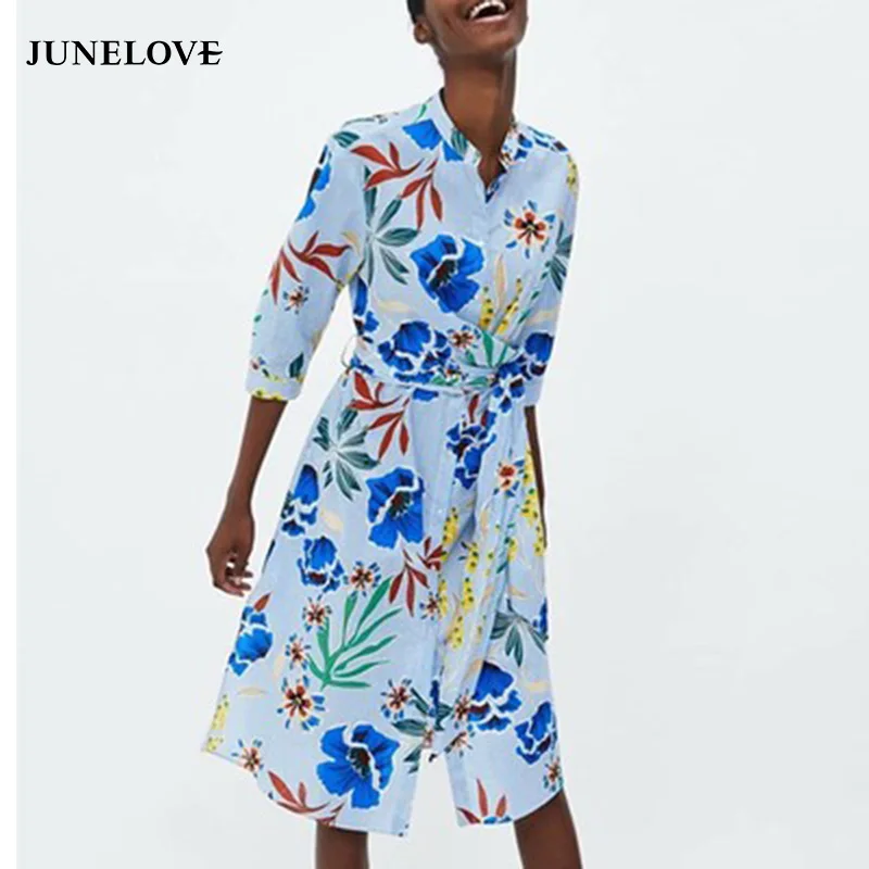 JuneLove 2020 summer cotton ladies casual floral striped print a line dress sashes turn down collar vestidos | Женская одежда