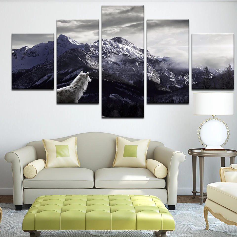Настенная картина на холсте домашний декор гостиная 5 панелей волк верхушке горы
