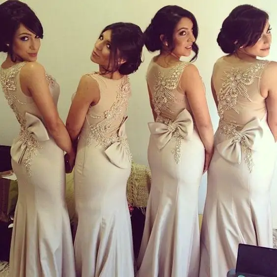 

Elegant Wedding Guest Dress Long Champagne Bridesmaid Gown Beaded Bow robe demoiselle d'honneur robe de mariee vestido madrinha