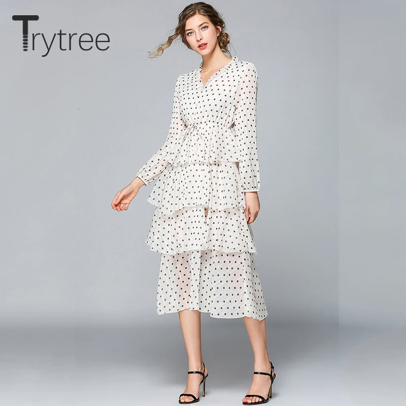 Trytree 2019 лето осень повседневное элегантное платье в горошек Плиссированное с v