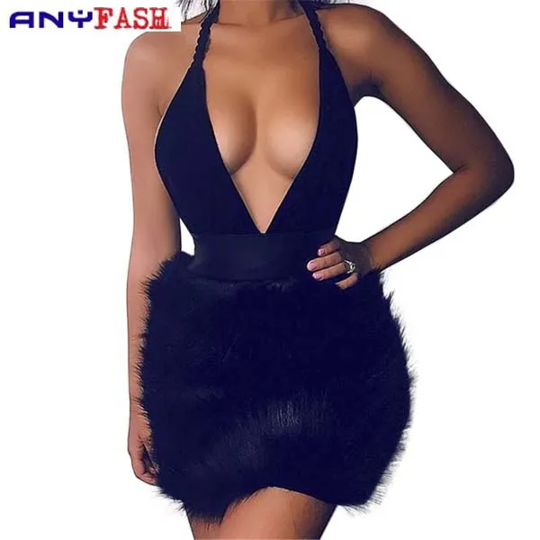 Luoanyfash Sexy Глубокий V Средства ухода за кожей шеи Bodycon Искусственный мех отделка