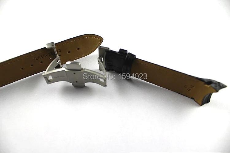 24mm (Buckle 22mm) T035627 T035614A High Quality Silver Butterfly Buckle + Black Genuine Leather Watchband belts For T035617 man