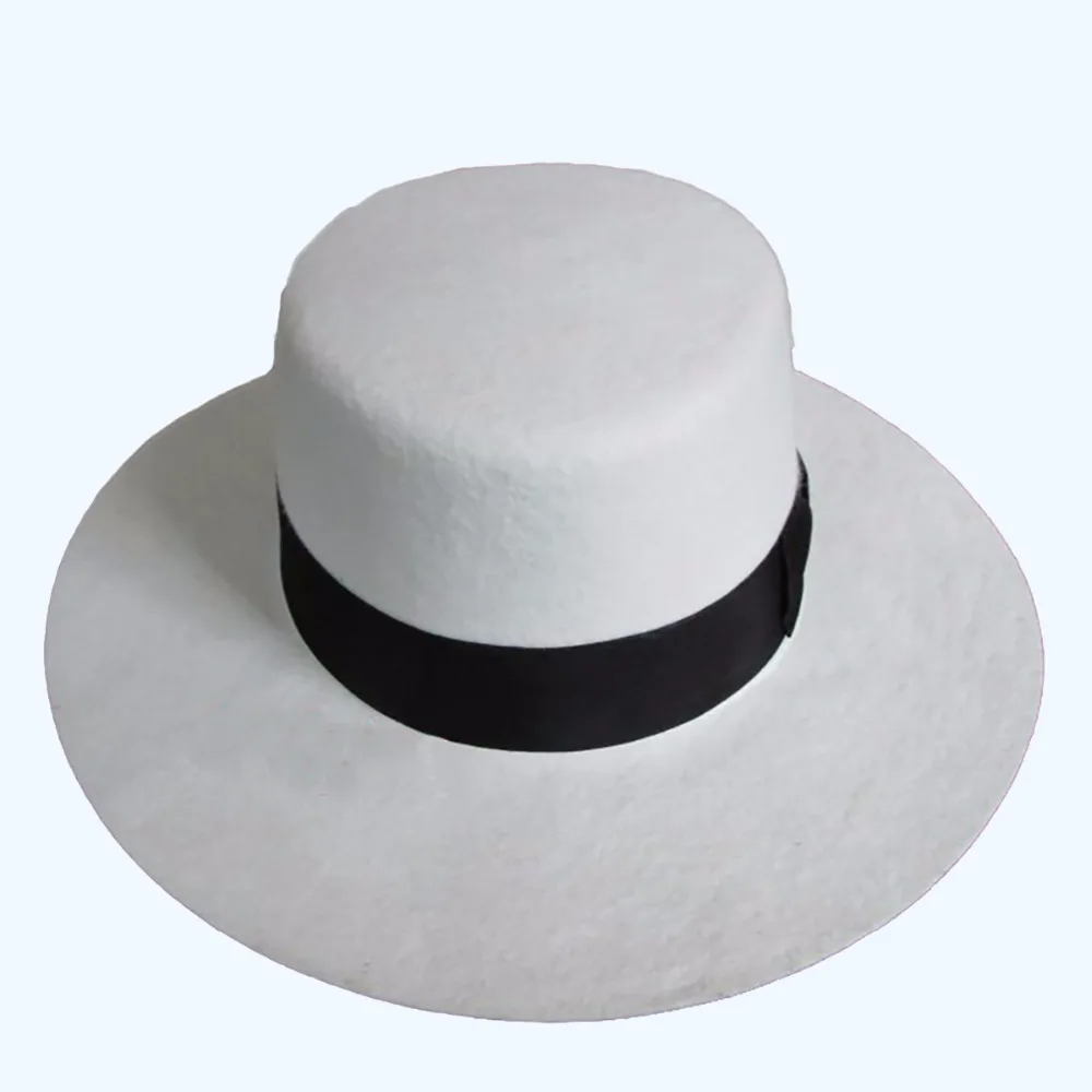 White Authentic Hat with black contrasting decoration band, Elegant 100% Wool Vintage Fashion Hat