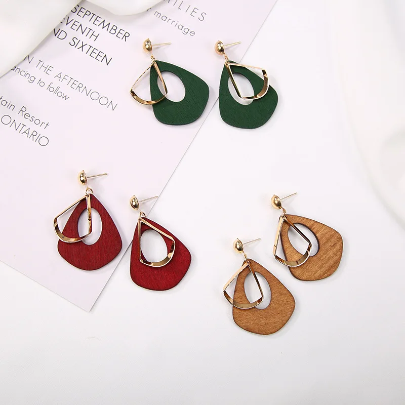Coffee Green Red Hollow Wooden Drip Golden Metallic Hoop Fashion Dangle Earrings Drop for Women | Украшения и аксессуары
