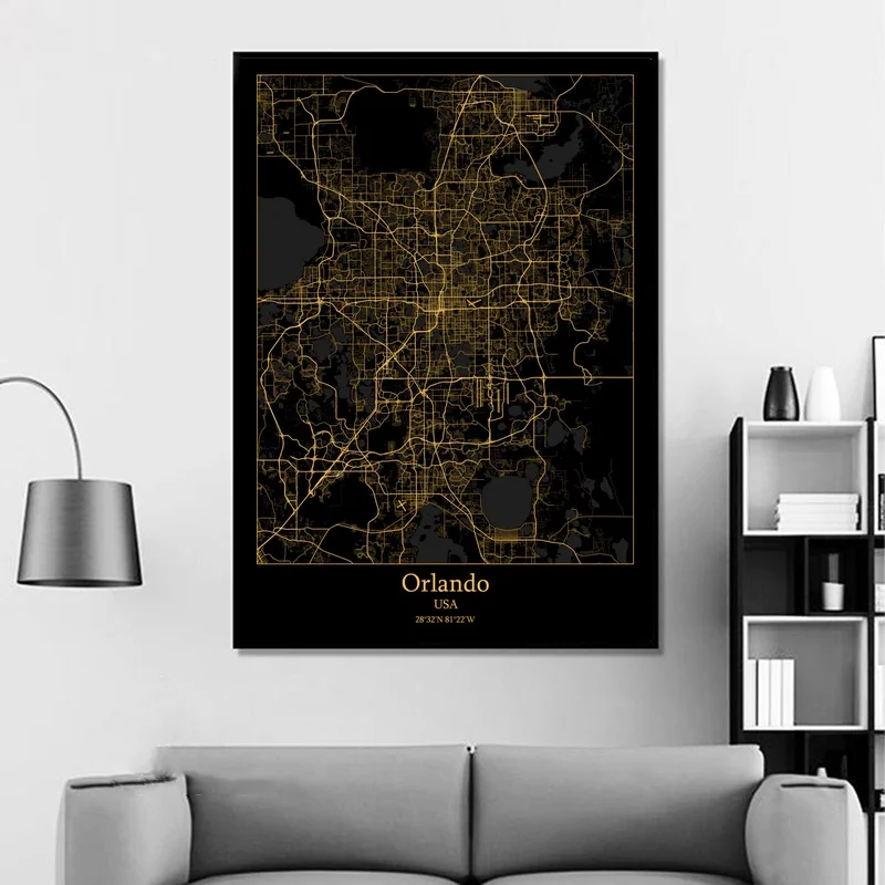 Oklahoma City USA Omaha Orlando Modern Gold Map Canvas Art Print Home Room Decor Poster | Дом и сад