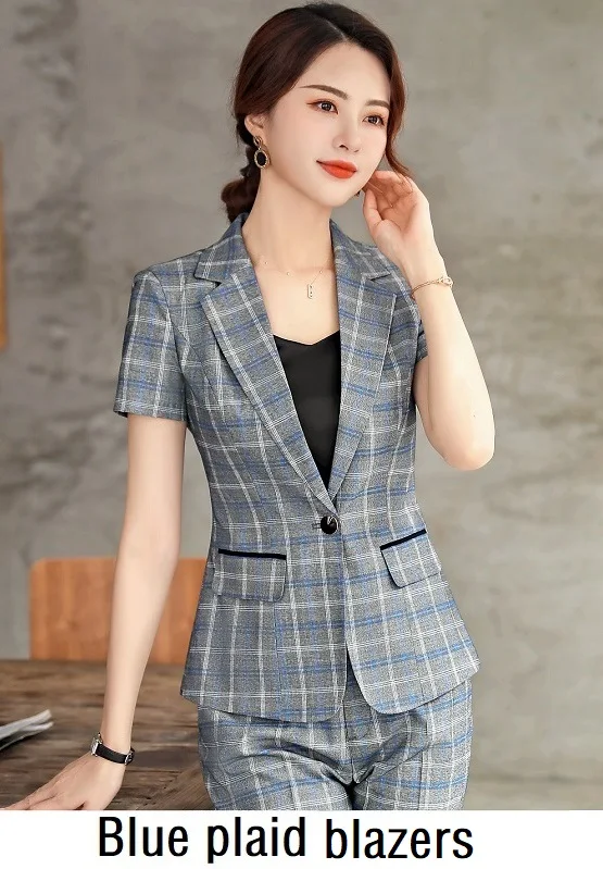 blue plaid blazers Женские костюмы, тонкие летние клетчатые блейзеры, брюки длиной до щиколотки, Деловые женские брючные костюмы, женские комплекты, костюмы 9833 - Цвет: blue plaid blazers