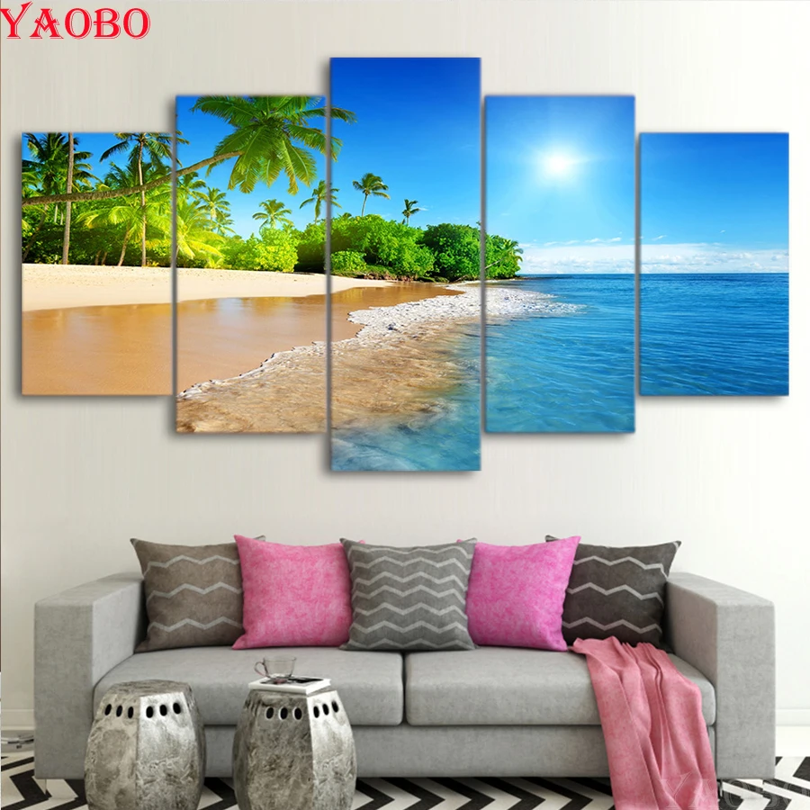diamond painting 5 Pieces Sea Water Palm Trees Sunshine Seascape mosaic cross stitch diy 5d embroidery full square drill | Дом и сад