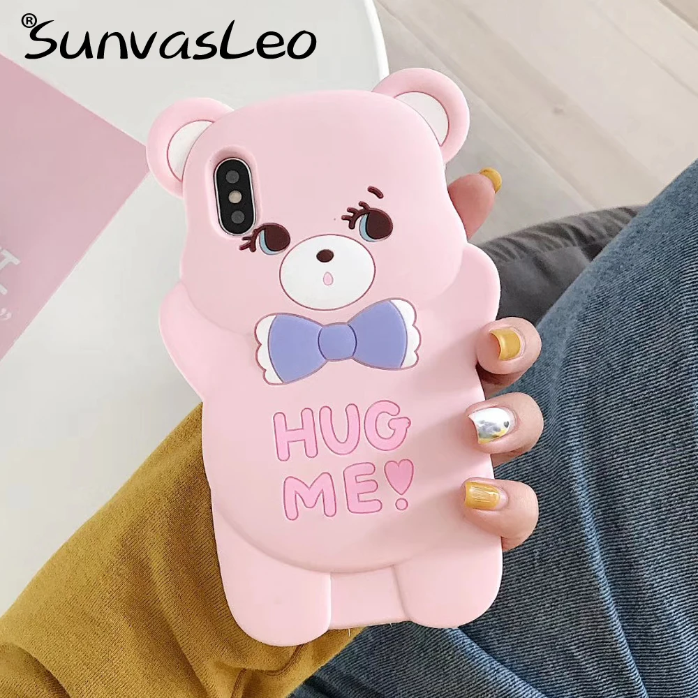 Pink Bear 3D мультяшный Мягкий силиконовый чехол для iPhone 5, 6, 7, 8 Plus X XR XS Max для samsung A20 A30 A50 J4 J5 J6 J7 J510 J710 J8 J2Prime - Цвет: Pink Bear