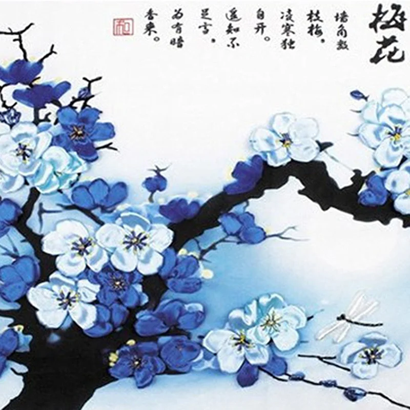 

70X55cm Blue Plum Blossom 3d Ribbon Embroidery Painting Cross Stitch Kit DIY Needlework Unfinished Craft Gift Wall Decoration