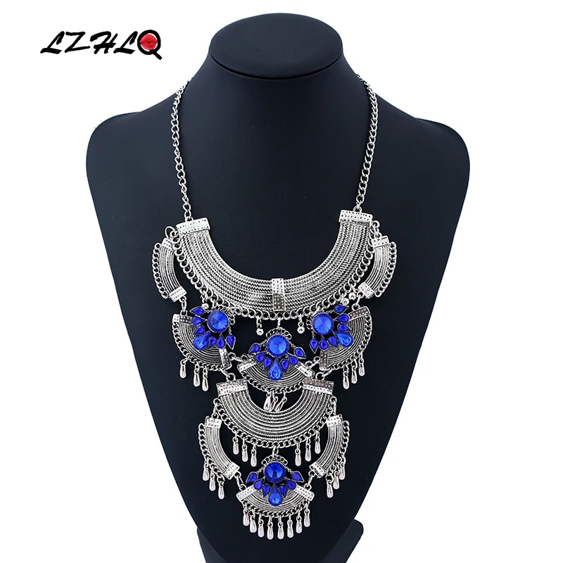 

LZHLQ Vintage Maxi Rhinestone Necklace Fashion Women Multilayer Tassel Chunky Necklace Jewelry Geometric Metal Plated Chain