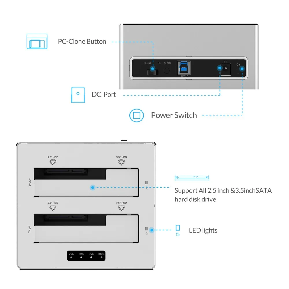 Чехол ORICO с 2 отсеками SATA 3,0-USB 3,0 HDD с функцией клона, алюминиевый док-станция для жесткого диска 2,5 ''3,5'' HDD SSD 12V