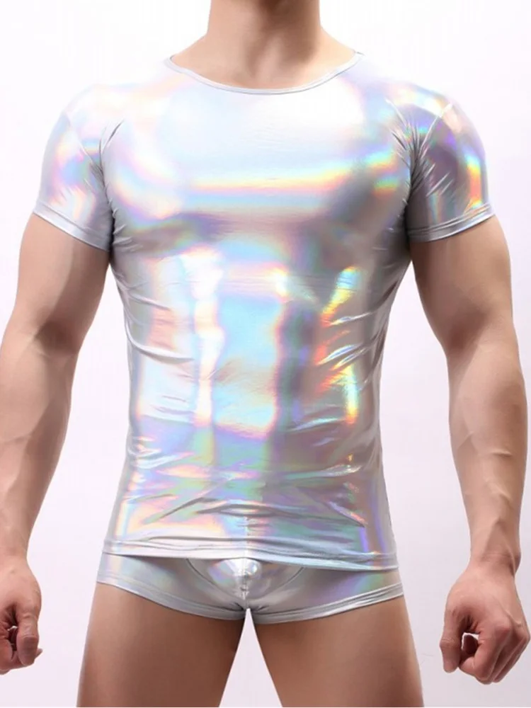 Silver Suit Сексуальное Мужское боди для похудения, футболка, Корректирующее белье, блестящий топ из искусственной кожи, Клубные футболки с эффектом мокрой кожи, нижнее белье, шорты, стринги, сексуальное Мужское боди - Цвет: Silver Suit