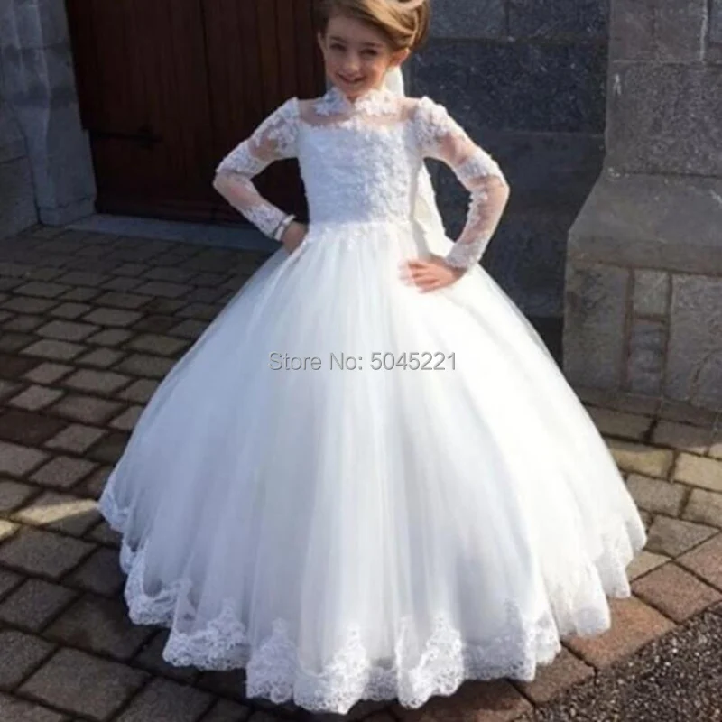 

Flower Girl Dresses White High Neck Long Sleeve Lace Applique for Wedding Gown First Communion for Girls Pageant Dresses