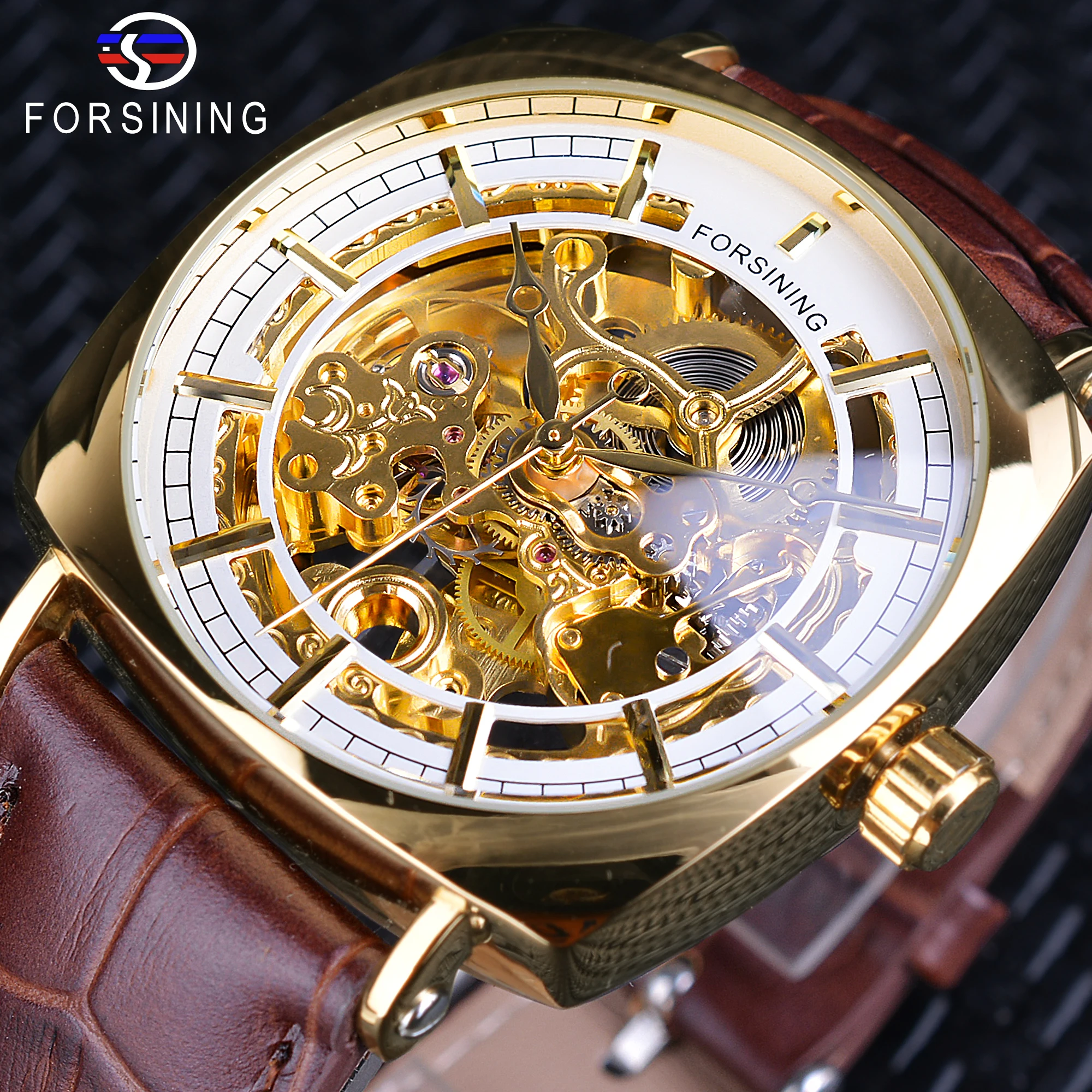 Forsining Classic Golden Men's Mechanical Openwork Wristwatches Top Brand Luxury Brown Leather Square Case Male Creative Clock