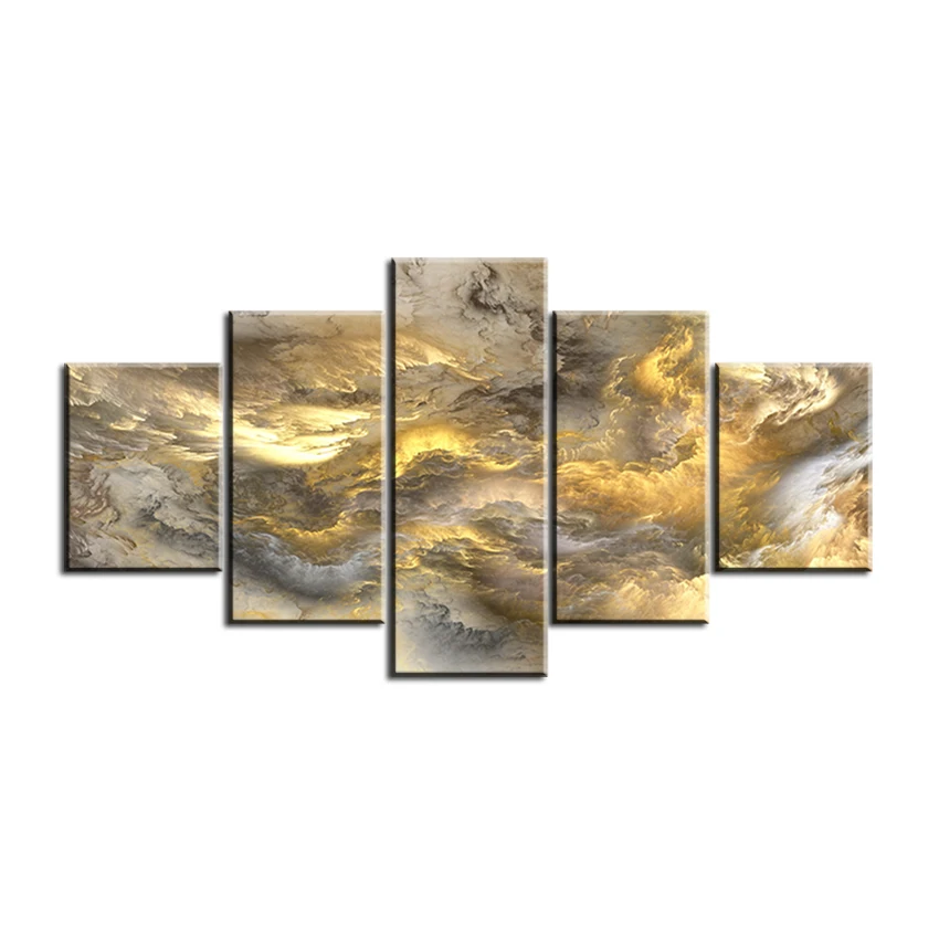 Набор из 5 картины на холсте печати маслом в серо-желтом абстрактном стиле "Облака" для украшения гостиной.