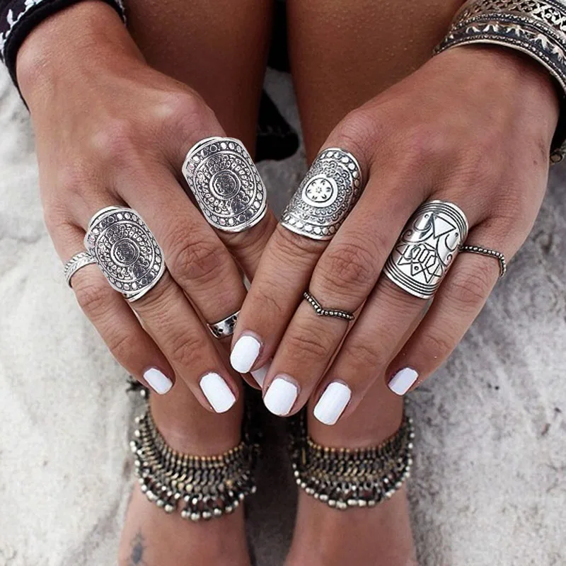 Европа богемное имитация тибетского серебра палец кольцо ширина цветок внешней