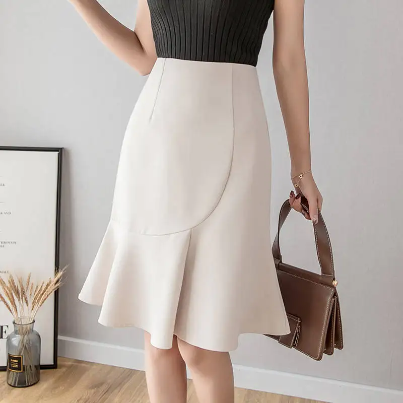 Однотонная юбка русалки с высокой талией Женская миди длиной до колена Модная