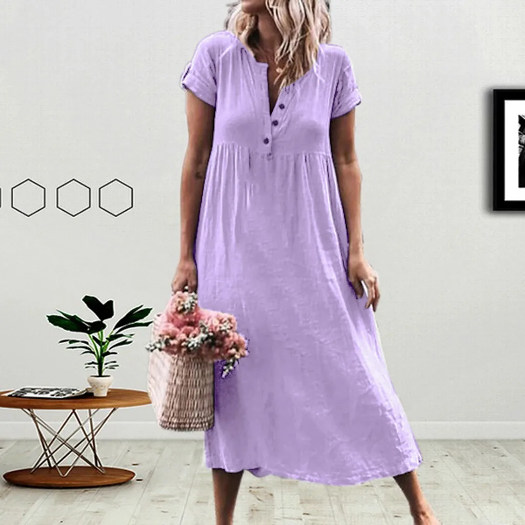 Женское длинное льняное платье Boho свободное однотонное Летнее Платье макси с