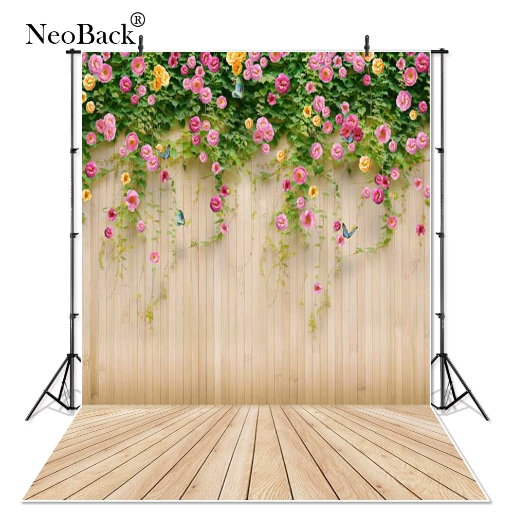 NeoBack Spring Floral Wood Wall Children Photography Backdrops Newborn Baby Flower Butterfly Studio Wedding Photo Backgrounds |