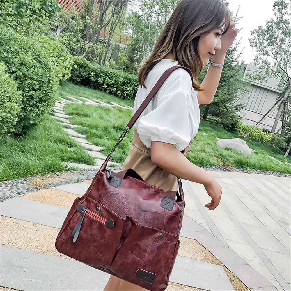 Multi-pocket Casual Large Capacity Women Tote Shoulder Bag PU Leather Ladies Handbag Messenger Bag Soft Shopping Crossbody Bag