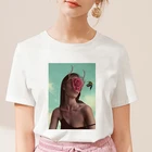 Новинка 2019, летняя футболка с абстрактным принтом для девочек, Женская эстетичная футболка с коротким рукавом, белая тонкая хипстерская футболка с секциями, топы, одежда