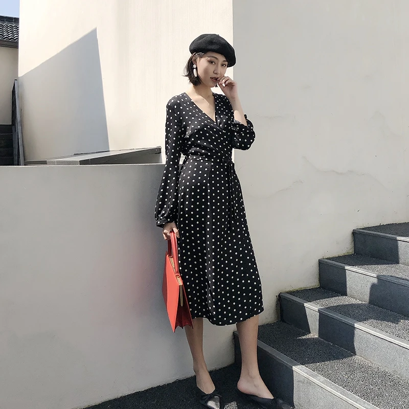 Женское длинное винтажное платье в черный и белый горошек повседневное пляжное