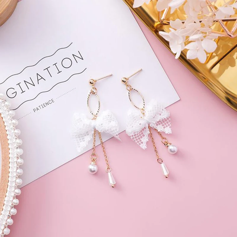 Fashion Sweet Cute Lace Bow-knot Tassel Pearl Earrings Jewelry Crystal Earring For Women Female | Украшения и аксессуары