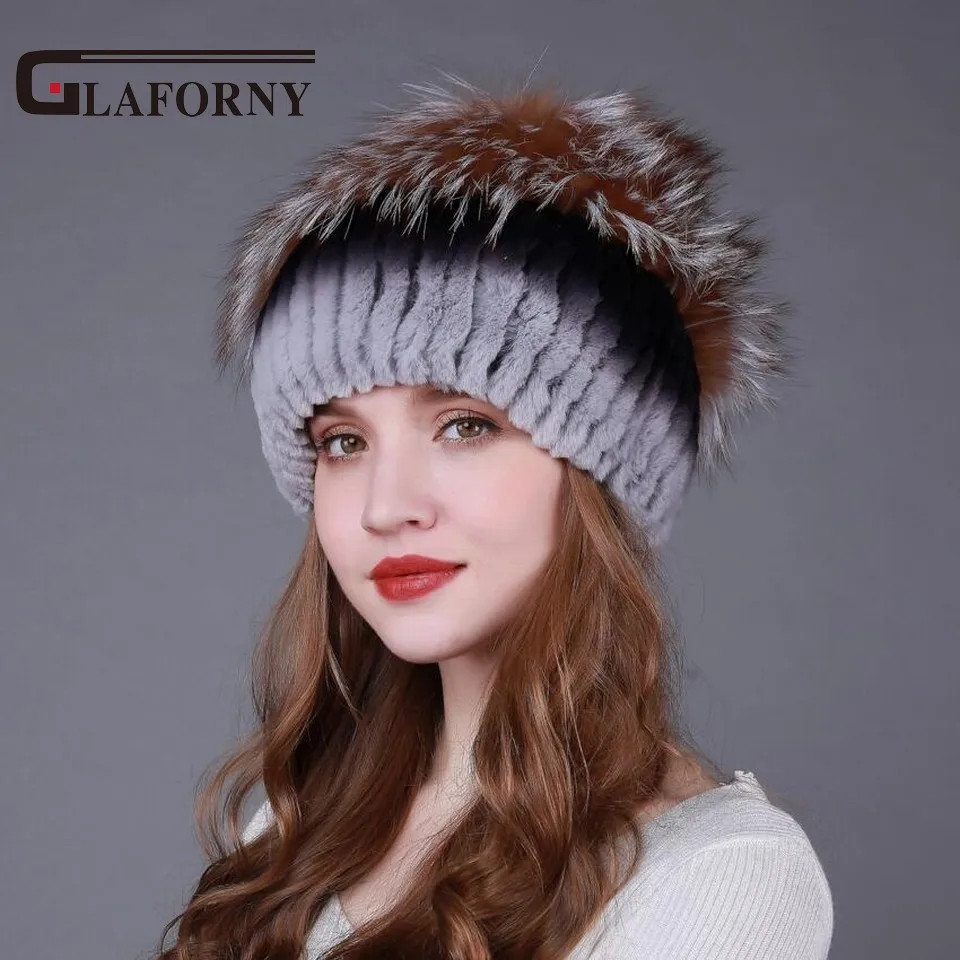 Женские зимние меховые шапки Glaforny теплые из меха кролика рекс с помпонами енота