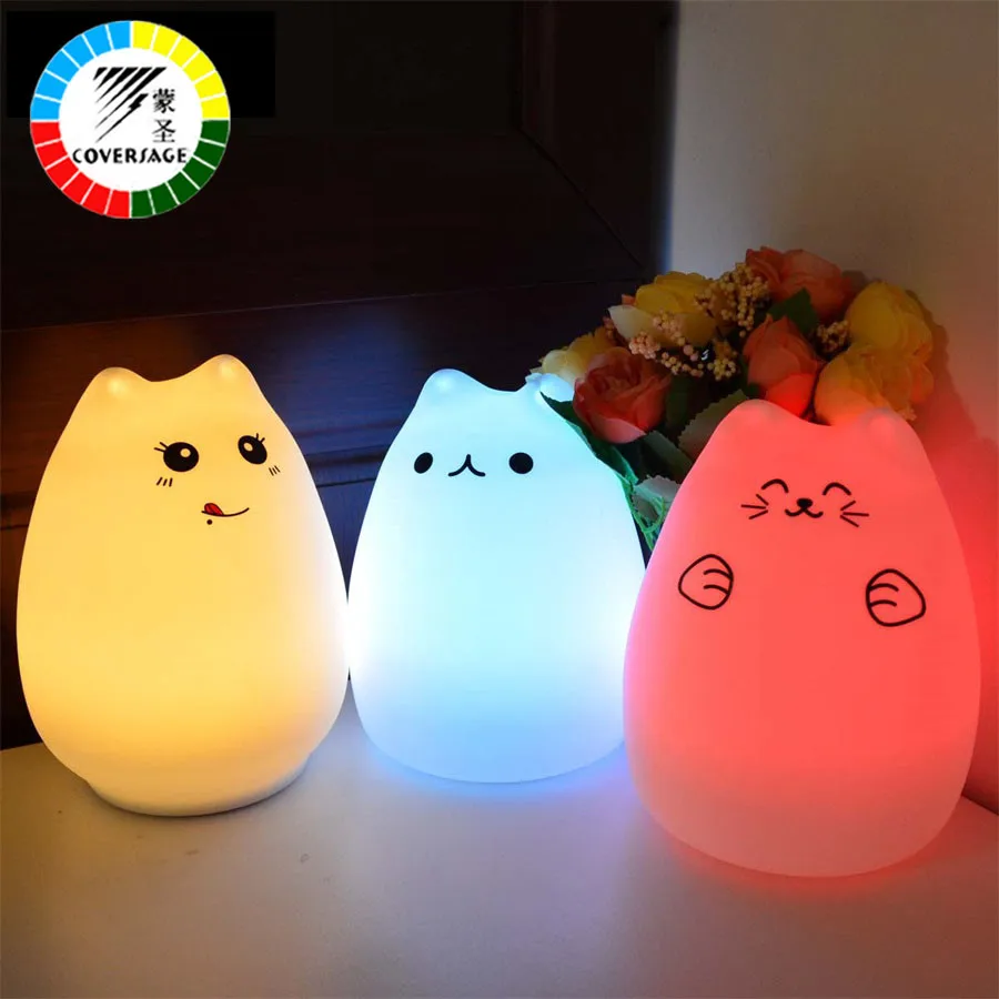 Coversage Красочный датчик движения Led Cat дети животное ночник мягкий мультфильм