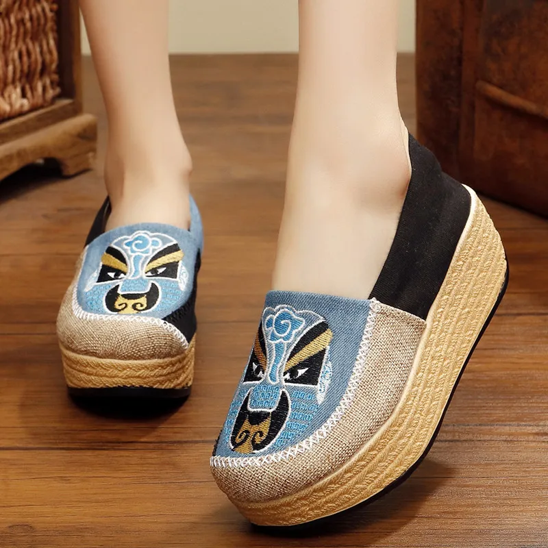 Женская парусиновая обувь в стиле пекинской оперы Туфли на высокой танкетке