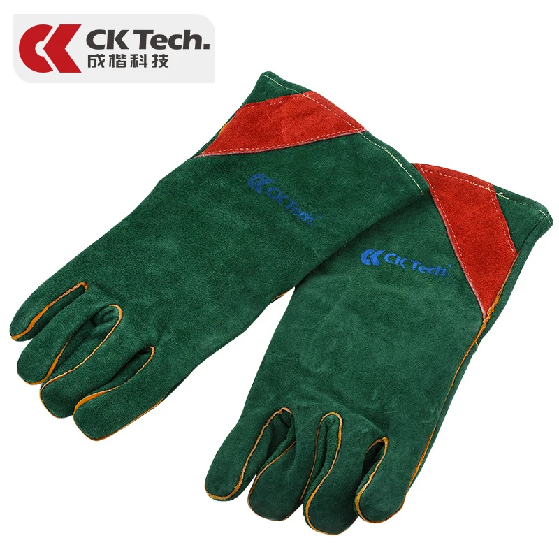 CK Tech. зеленые перчатки сварщика Корова Сплит кожа утолщенные огнеупорные сварочные работы защитные перчатки термостойкие