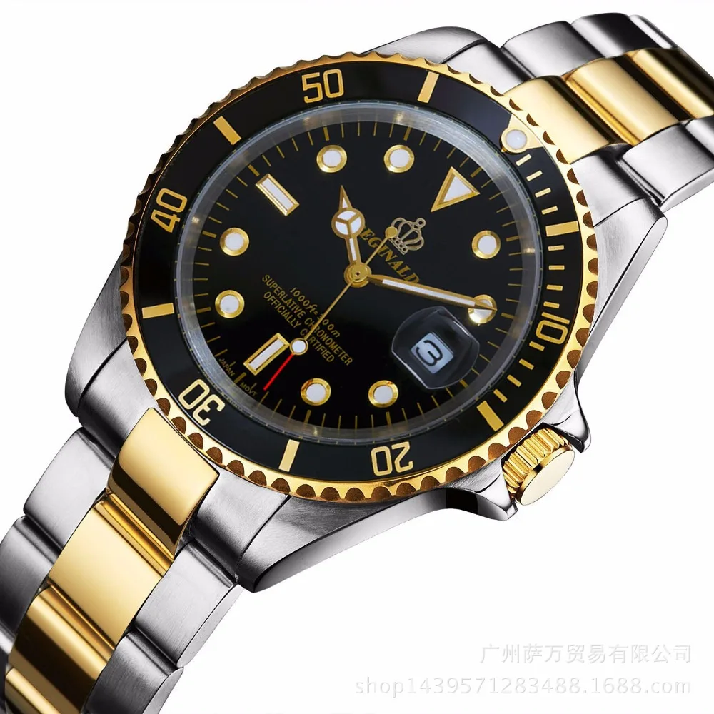 

Luxury Reginald Brand Watch Men Rotatable Bezel GMT Sapphire Date gold Stainless Steel Sport blue dial Quartz Watch Reloj Hombre