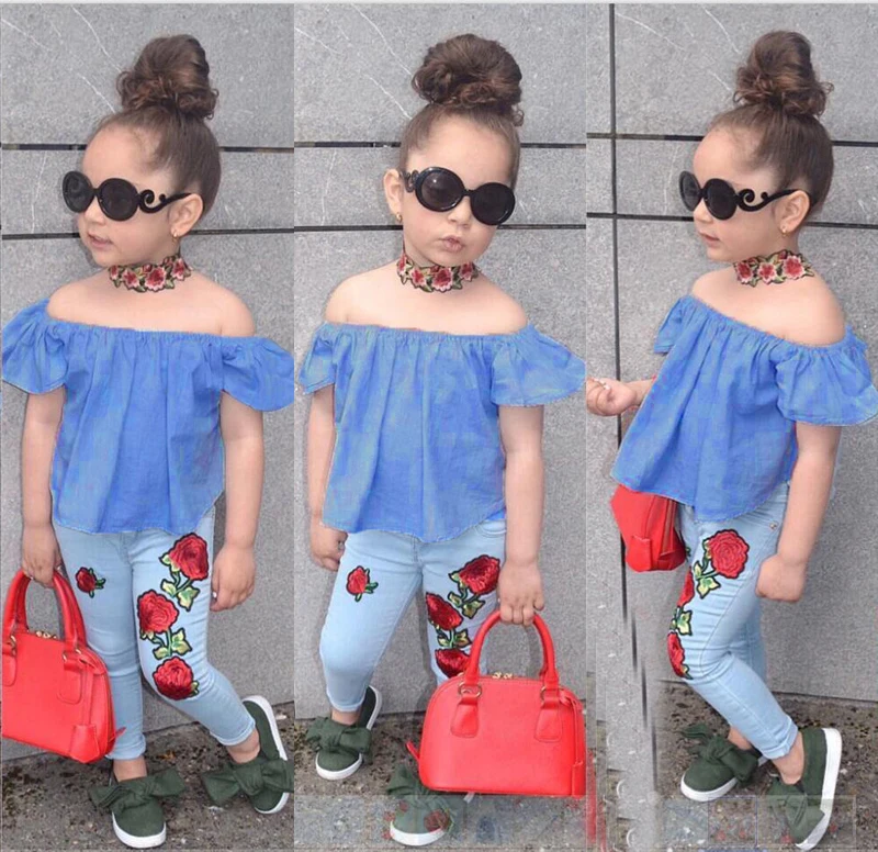 

Kid Baby Girl Jean Outfit Off Shoulder Shirt T-shirt+Long Pants Jeans Clothes Baby Girls Clothes Costume Trousers 2 Pieces Sets