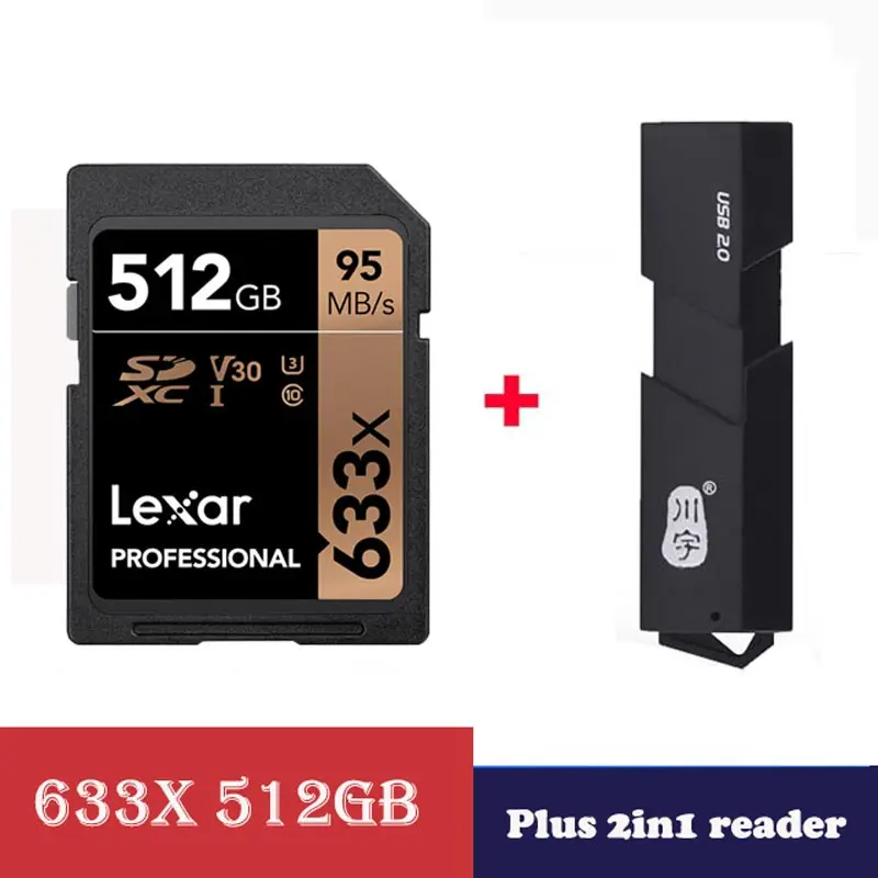 633X-512-2in1 reader Lexar флешка мышь 512 ГБ флеш карта SDXC sd U3 карты памяти класса 10 memorias sd 512 GB 95 МБ/с. для цифровая зеркальная камера и камера HD - Емкость: 633X-512-2in1 reader